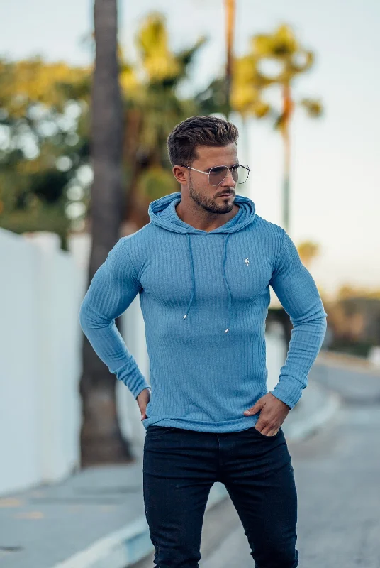 Men's Hoodies with Pass-Through PocketsFather Sons Classic Baby Blue Ribbed Knit Hoodie Jumper With Silver Emblem - FSH595 Men's Hoodies with Pass-Through PocketsFather Sons Classic Baby Blue Ribbed Knit Hoodie Jumper With Silver Emblem - FSH595