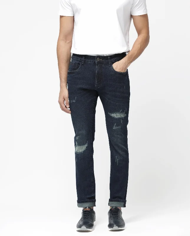 Workwear Men's JeansRare Rabbit Men's Erie Dusky Blue Slim Fit Mid Rise Mid Wash With Mild Whisker Distress Jeans