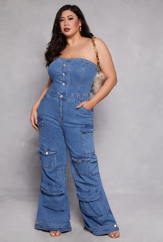 Sustainable Men's JeansPlus Size Daisy Denim Strapless Cargo Jumpsuit