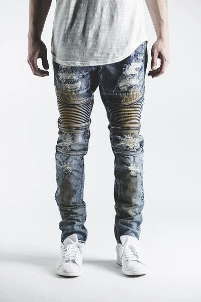 Modern Ripped and Distressed Men's JeansPete Biker Denim (Blue Vintage)