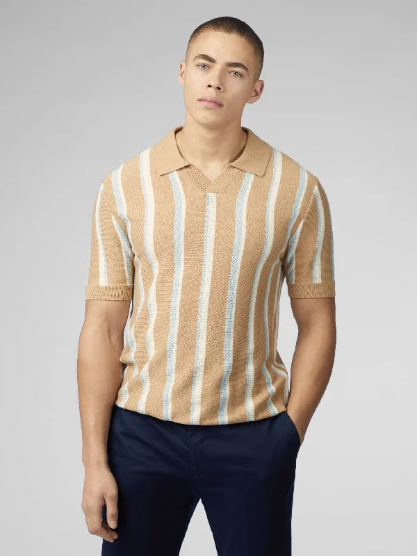 Men's Sweaters for WinterVertical Stripe Open Neck Polo - Stone