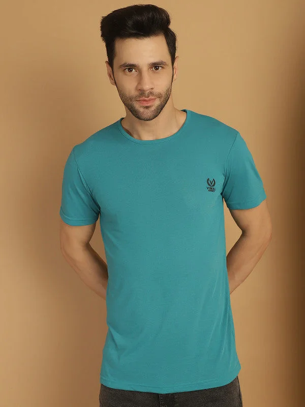 Men's Shirts with Ruffled HemlinesMack Jonney Round Neck Cotton Solid Ferozi T-Shirt for Men