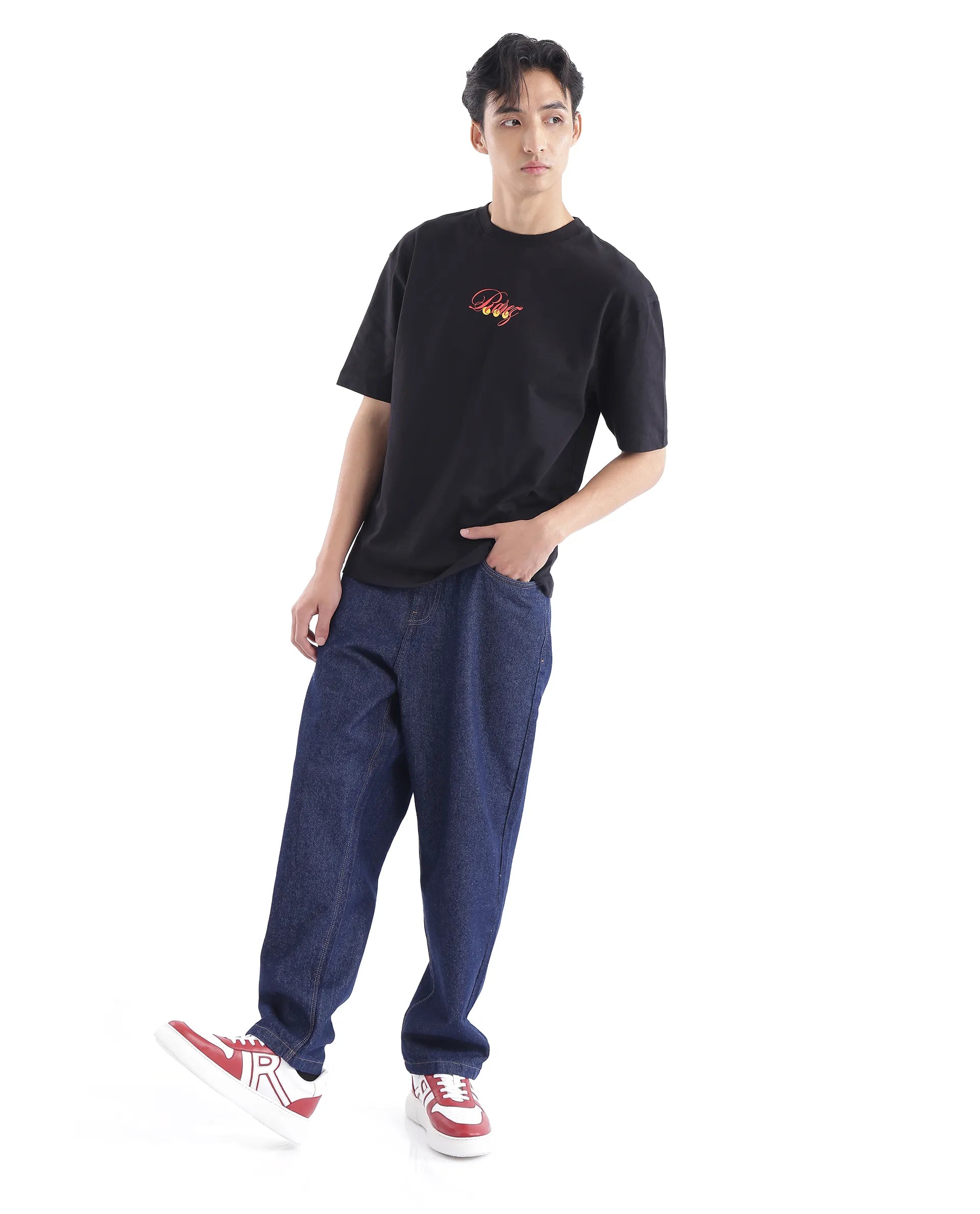 Affordable Designer Men's JeansRare Rabbit Men's Evet-2 Dark Blue Cotton Fabric Rinse Wash Mid Rise Baggy Fit Plain Jeans