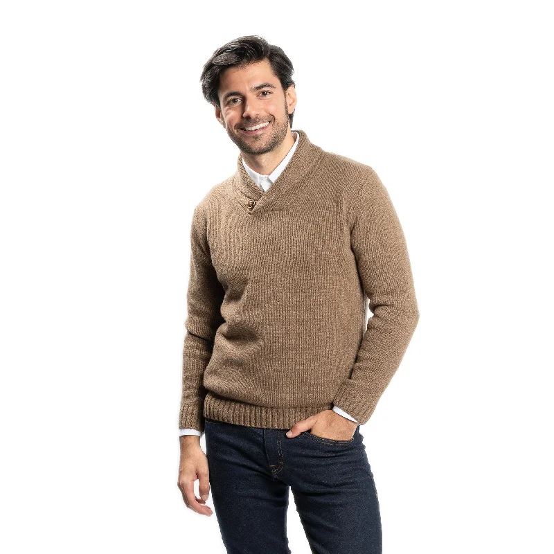 Men's Sweaters with Patchwork DesignsWool Shawl Collar Sweaters - Brown