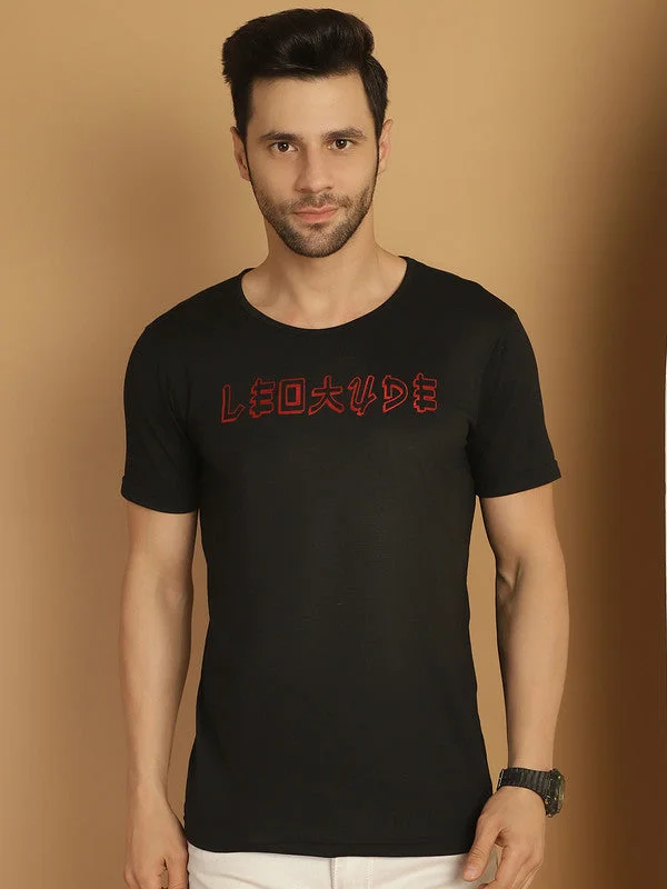 Men's Shirts with Patch PocketsMack Jonney Round Neck Cotton Printed Black T-Shirt for Men