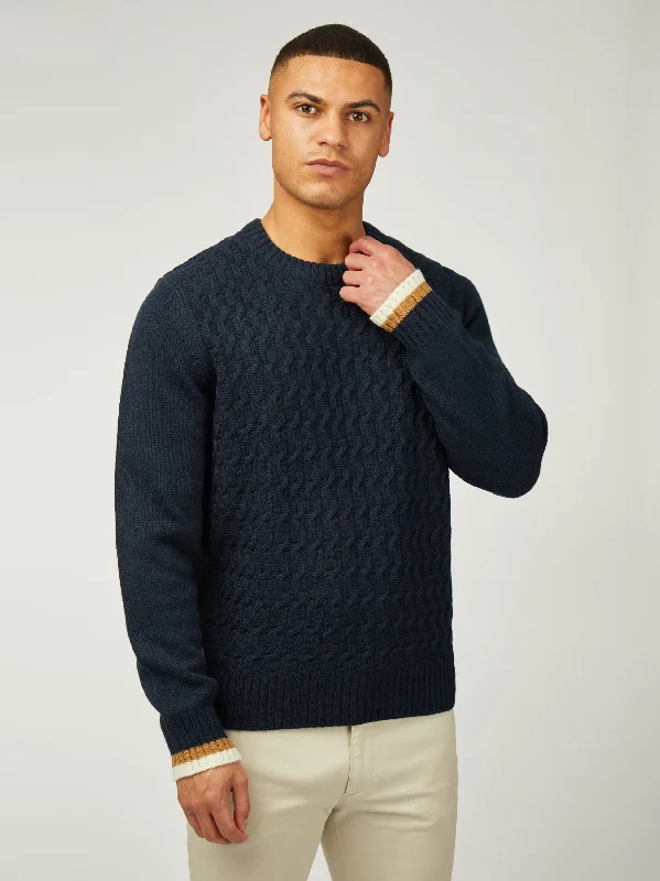 Essential Men's V-Neck SweatersCable Textured Crew - Dark Navy