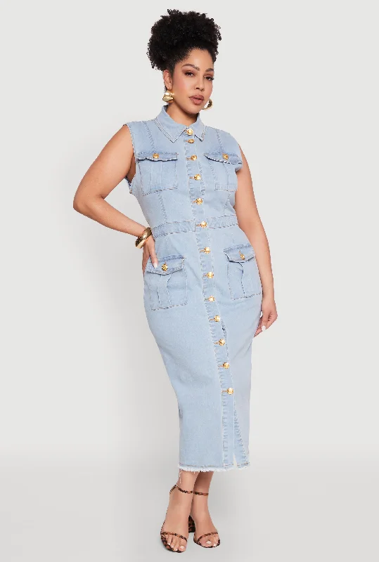 Leather Patch Embellished Men's JeansPlus Size Daisy Denim Sleeveless Utility Maxi Dress