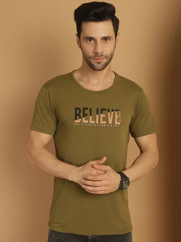 Stylish Men's HenleysMack Jonney Round Neck Cotton Printed Olive T-Shirt for Men