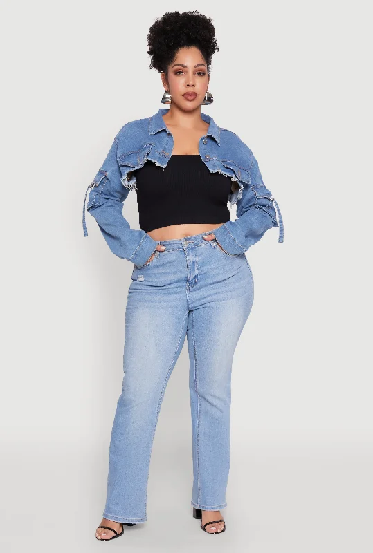 Winter Men's JeansPlus Size Daisy Cargo Pocket Sleeve Cropped Jean Jacket