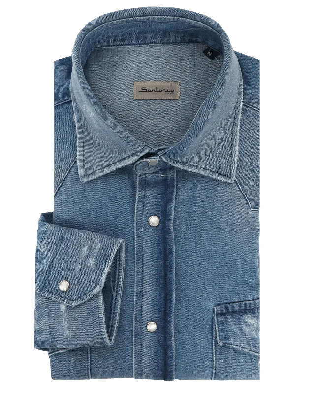 Yoked Back Men's JeansMid Blue Western Dress Shirt