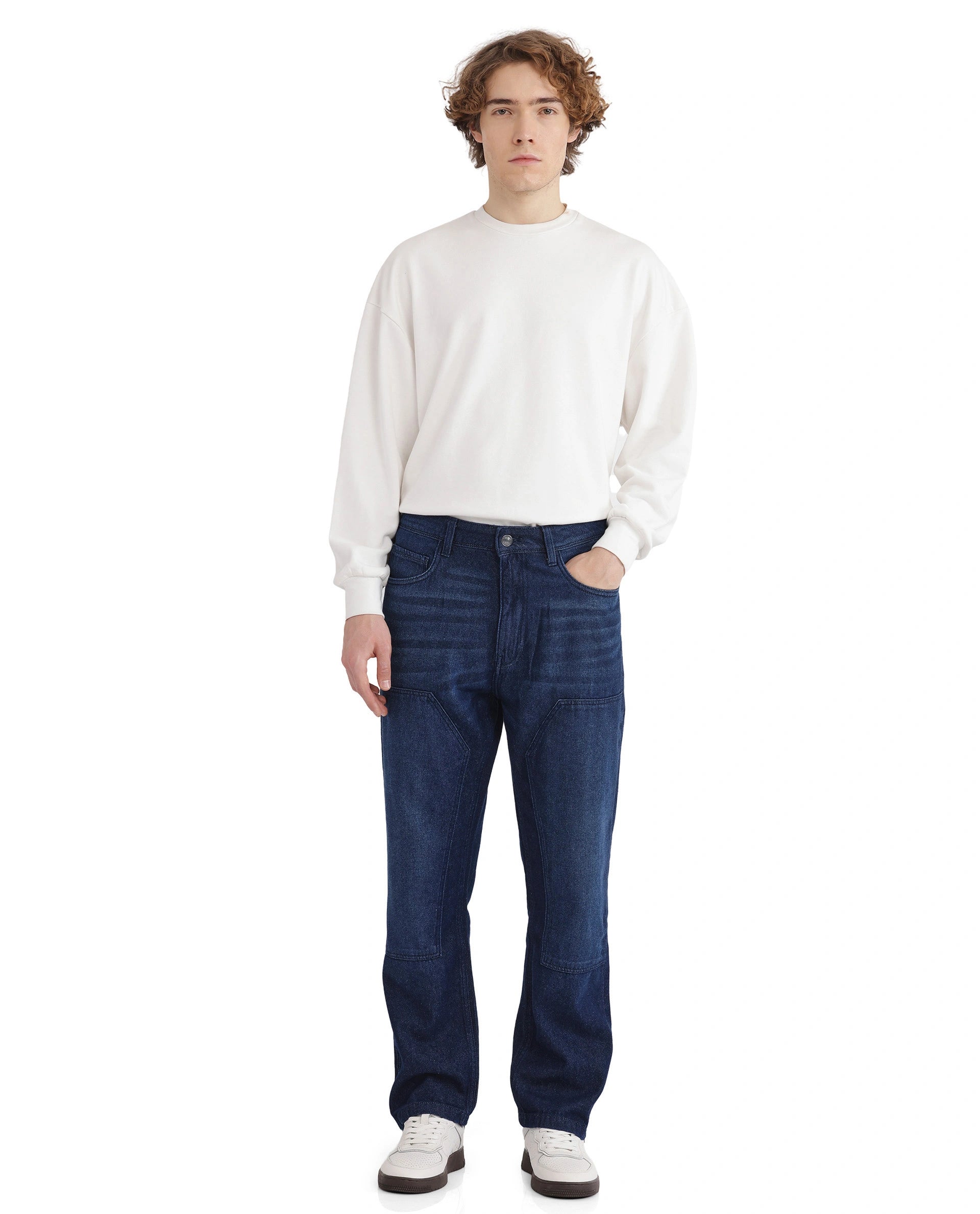Men's Jeans in Different ColorsRare Rabbit Men's Jettor Dark Blue Cotton Fabric Mid Rise Dark Wash Relaxed Fit Plain Jeans