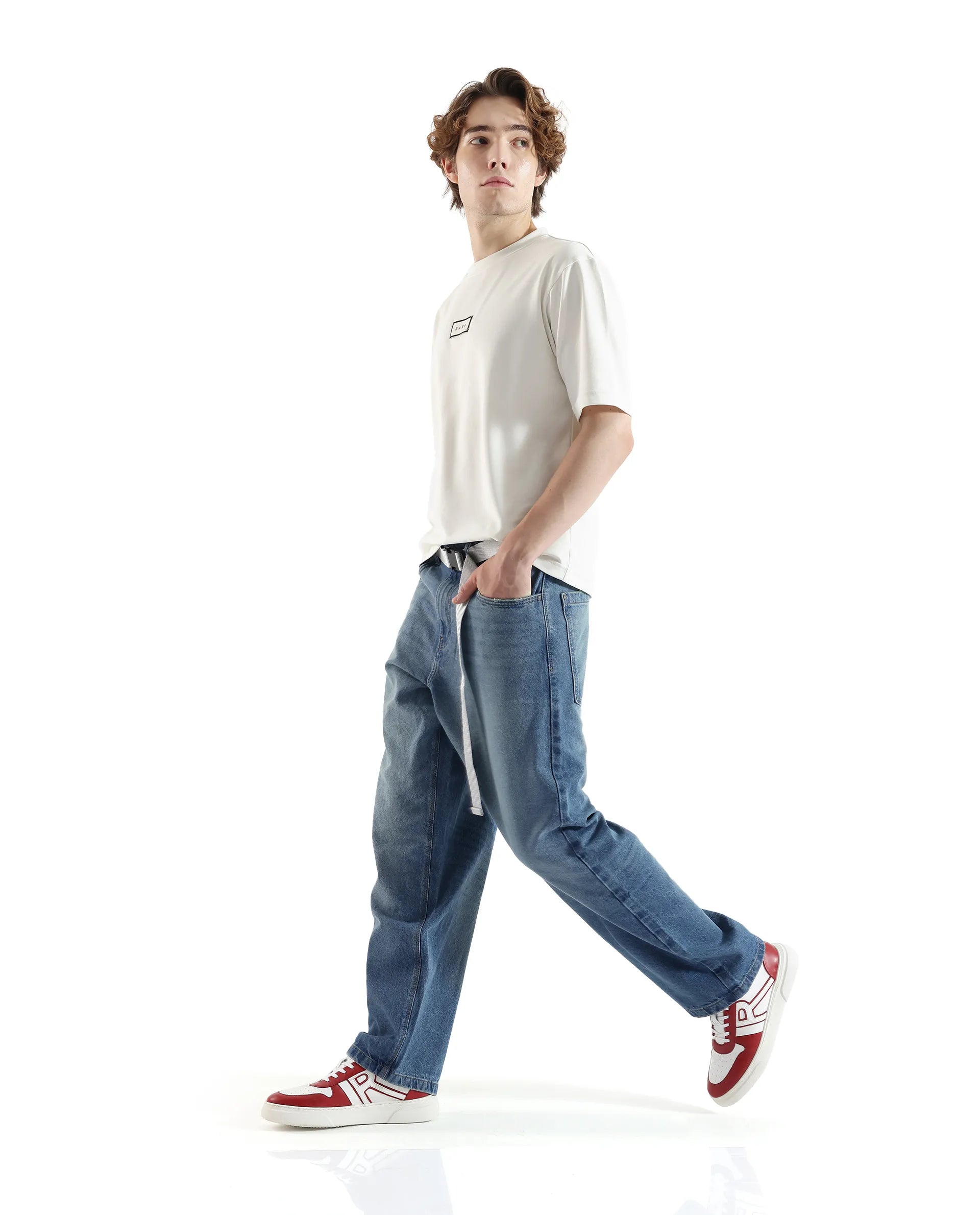 Light Wash Men's JeansRare Rabbit Men's Niret Blue Cotton Fabric Mid Rise Mid Wash Baggy Fit With Attached Belt Solid Jeans