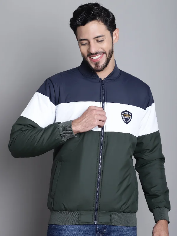Men's Coats for Winter CampingColor blocked Olive Full Sleeves Mock Collar Regular Fit Casual Jacket for Mens