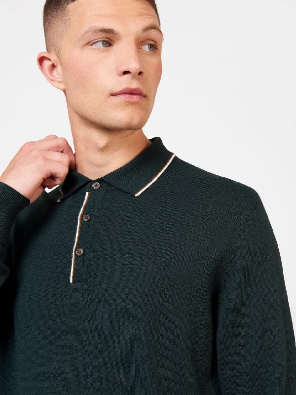 Men's Sweaters with Checkerboard PatternsTipped Merino Knit Sweater Polo - Dark Green
