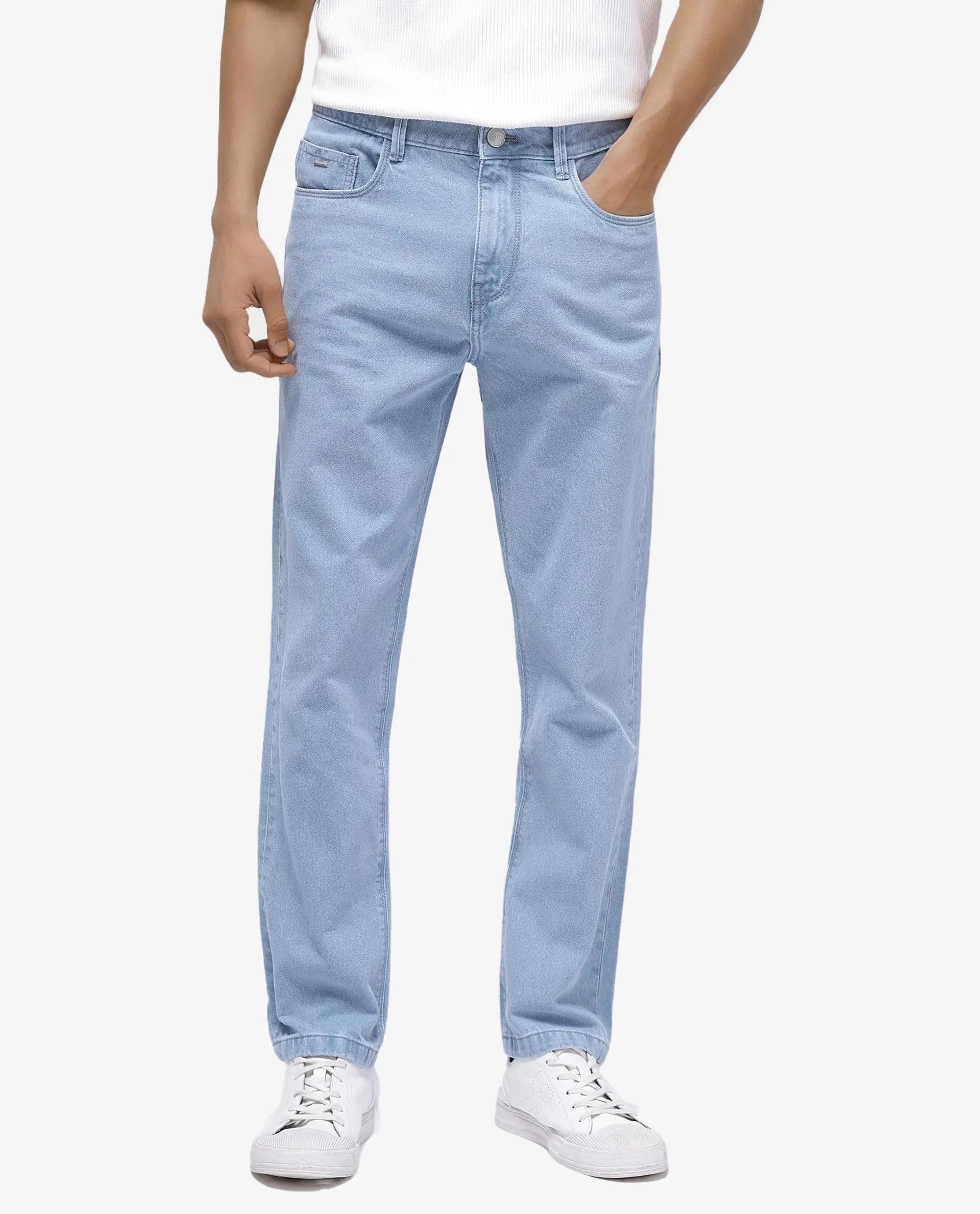 Oversized Relaxed-Fit Men's JeansRare Rabbit Men Gleb Light Blue Cotton Fabric Mid Rise Carrot Fit Mid Wash Plain Denim Trousers