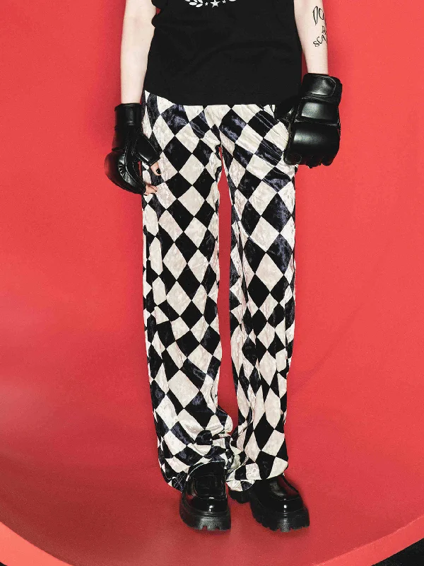 Baggy Men's JeansArgyle Check Elastic Waist Pants