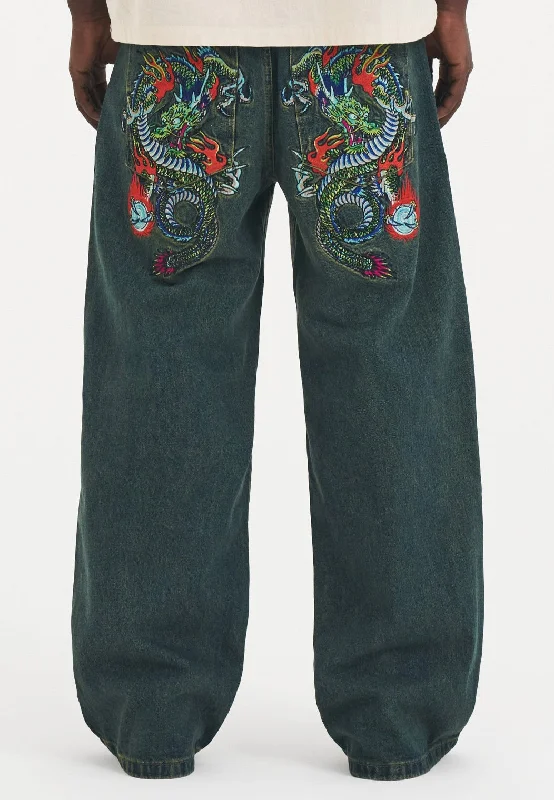 Leather Patch Men's JeansMens Fireball Dragon Dirty Wash Denim Trousers Jeans - Green