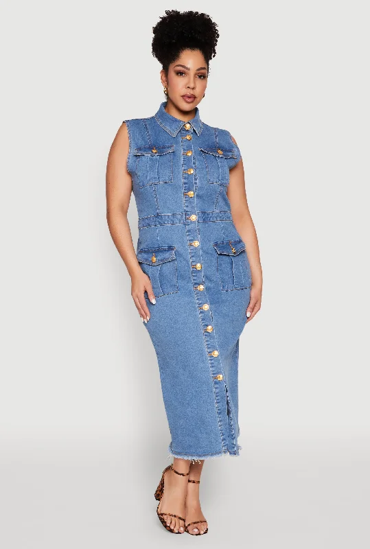 XXXL Men's JeansPlus Size Daisy Denim Sleeveless Utility Maxi Dress