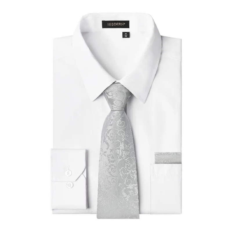 Men's Minimalist Shirts for a Clean LookMen's Shirt with Tie Handkerchief Set - WHITE/SILVER TIE Men's Minimalist Shirts for a Clean LookMen's Shirt with Tie Handkerchief Set - WHITE/SILVER TIE