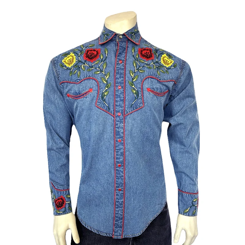 Baggy Cargo Men's JeansMen's Vintage Denim Floral Embroidered Western Shirt