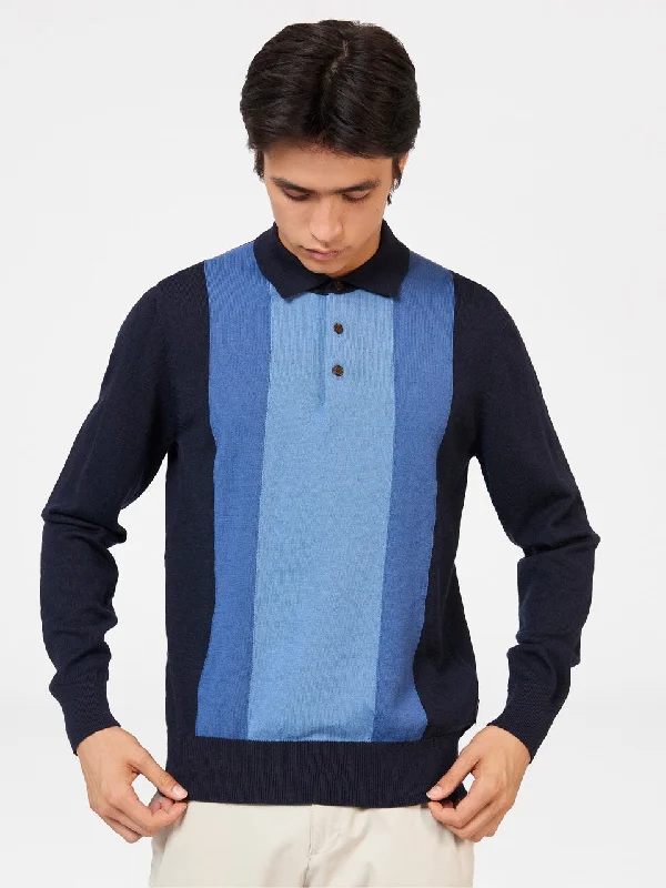 Men's Sweaters in Neutral ColorsBlock Stripe Merino Knit Polo - Dark Navy
