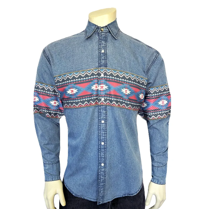 Jeans for Men with a Athletic BuildMen's 2-Tone Denim & Red Native Pattern Chest Band Western Shirt