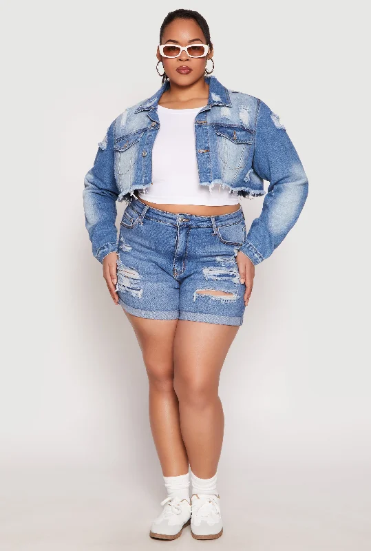 Oversized Relaxed-Fit Men's JeansPlus Size Distressed Denim Jacket