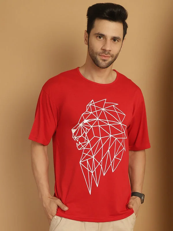 Men's Shirts with Appliqué DetailsMack Jonney Printed Red Round Neck Cotton Oversize Half sleeves Tshirt For Men Men's Shirts with Appliqué DetailsMack Jonney Printed Red Round Neck Cotton Oversize Half sleeves Tshirt For Men