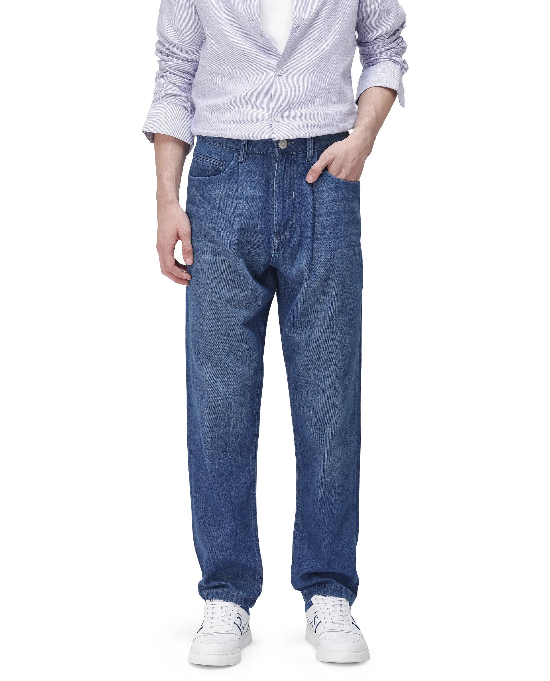 Men's Jeans with a Destroyed LookRare Rabbit Men Bagg Blue Cotton Fabric Regular Fit Plain Denim Pant