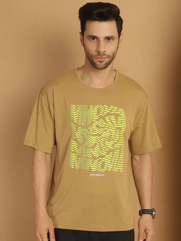 Men's Shirts for HuntingMack Jonney Printed Beige Round Neck Cotton Oversize Half sleeves Tshirt For Men