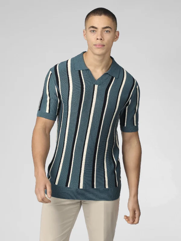 Men's Sweaters with Dropped ShouldersSignature Vertical Stripe Open Neck Polo - Teal Men's Sweaters with Dropped ShouldersSignature Vertical Stripe Open Neck Polo - Teal