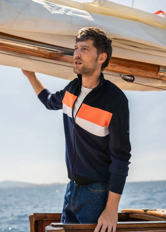 Men's Sweaters with Set-In SleevesBARNEVILLE - Full-Zip Knit Cardigan for Men | 100% Wool (DARK BLUE / NAVY / NEON ORANGE / WHITE) Men's Sweaters with Set-In SleevesBARNEVILLE - Full-Zip Knit Cardigan for Men | 100% Wool (DARK BLUE / NAVY / NEON ORANGE / WHITE)