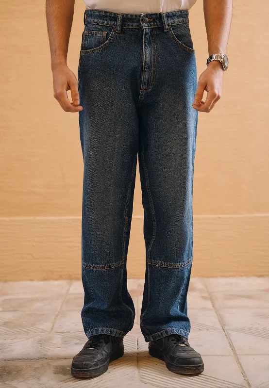 Casual Ripped Men's Jeans90’s Denim Straight Fit Jeans - Dark Blue Wash