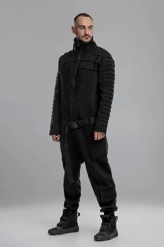 Men's Patterned Pants with Animal PrintsBlack Techwear Cotton Jumpsuit