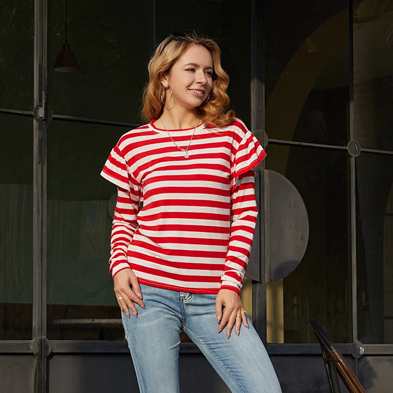 Men's Shirts with Rounded HemlinesKittenAlarm - Stripe Ruffle Trim Tee