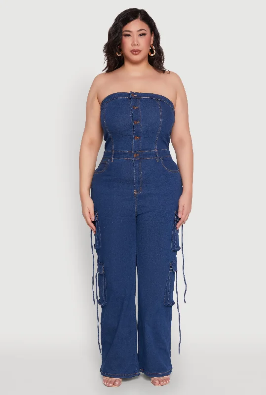 Oversized Relaxed-Fit Men's JeansPlus Size Daisy Strapless Denim Cargo Jumpsuit
