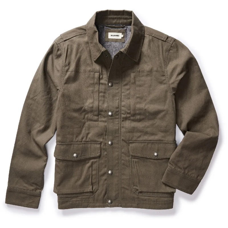 Men's Coats with Reflective StripesThe Pathfinder Jacket in Fatigue Olive Dry Wax