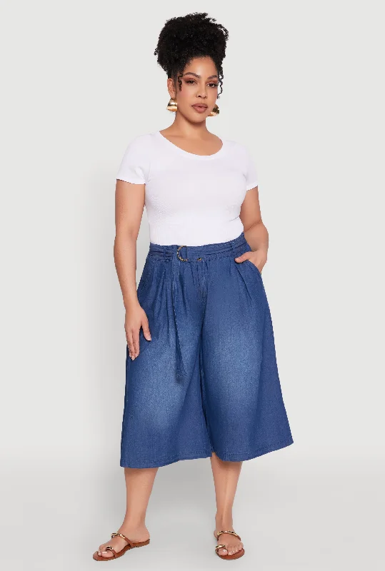 Men's Jeans with Stretch FabricPlus Size Belted Front Denim Culottes