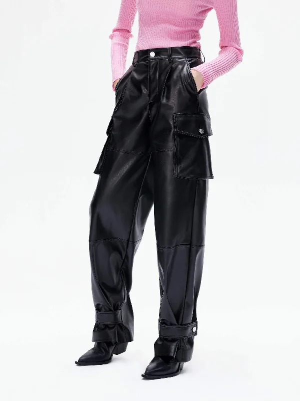 Men's Jeans with a Distressed LookCargo PU Leather Pants