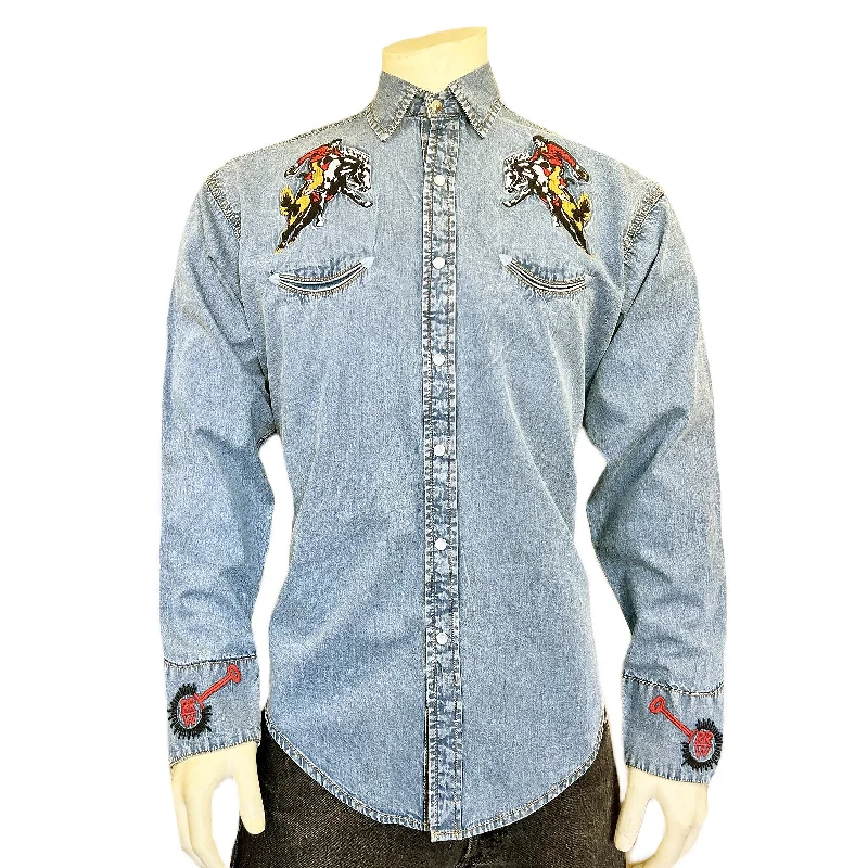 Men's Jeans with Stretch FabricMen’s Rockmount Vintage Denim Bronc Embroidered Western Shirt
