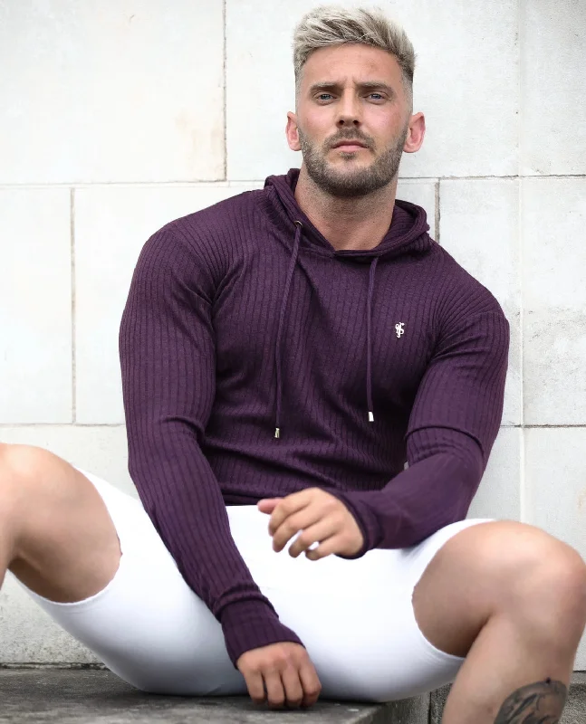 Men's Hoodies with Secret CompartmentsFather Sons Classic Plum Ribbed Knit Hoodie Jumper With Gold Emblem - FSH623 Men's Hoodies with Secret CompartmentsFather Sons Classic Plum Ribbed Knit Hoodie Jumper With Gold Emblem - FSH623
