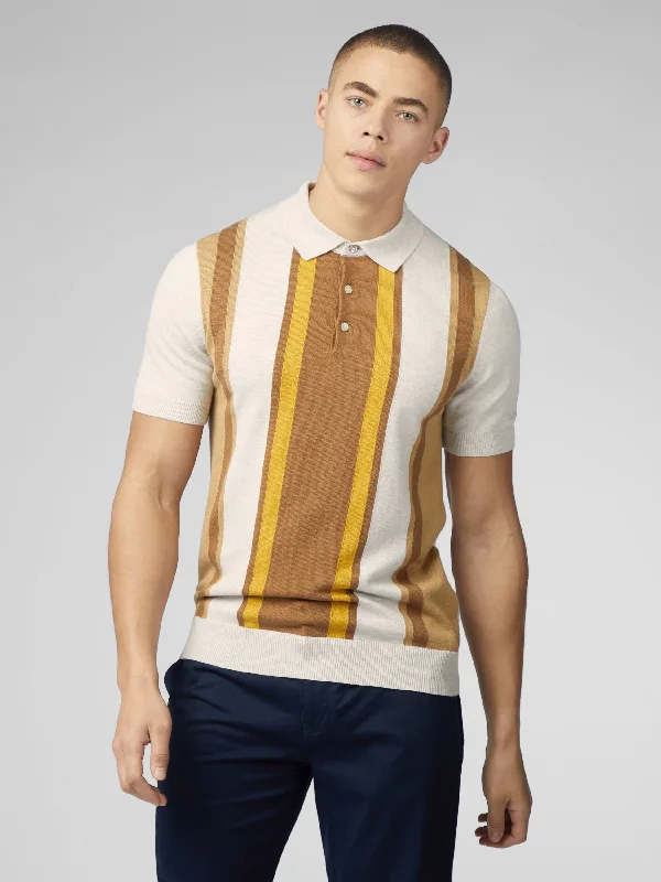 Comfortable Men's Cotton SweatersSignature Vertical Stripe Polo  - Ivory