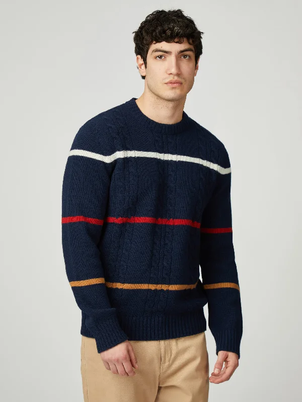 Men's Sweaters with Patch PocketsCable Stripe Crew - Dark Navy