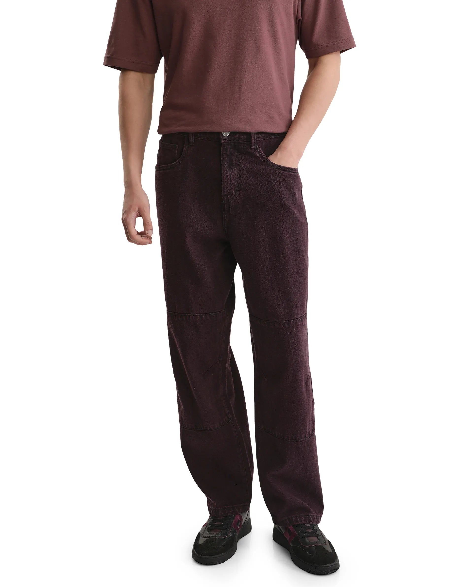 Fashion-Forward Men's JeansRare Rabbit Men's Niop Dark Purple Cotton Fabric Mid Rise Baggy Fit Jeans