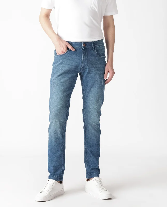 Men's Jeans for a Night OutRare Rabbit Men's Luxen Blue Mid Wash Mid-Rise Distressed Slim Fit Jeans