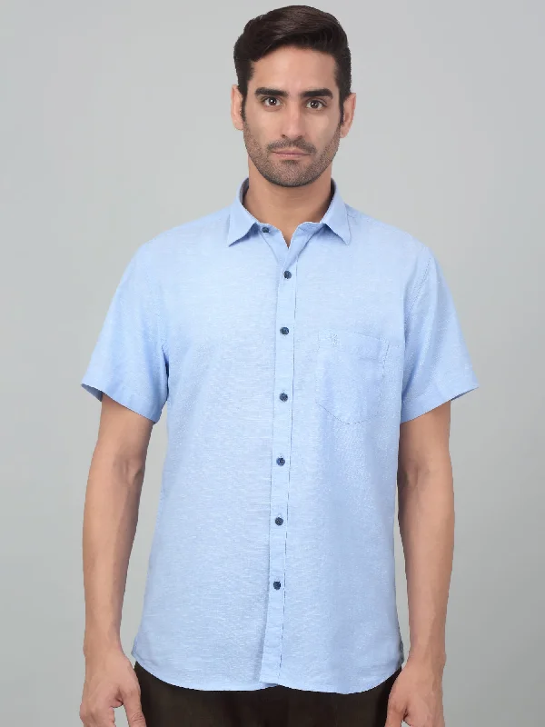Durable Men's Work ShirtsMen's Sky Blue Casual Plain Half sleeve Shirt