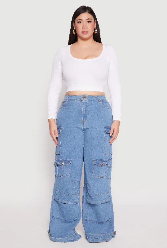 Men's Jeans with EmbroideryPlus Size Daisy Cargo Pocket Flare Jeans