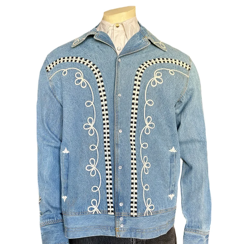 Men's Jeans for SportsMen's Vintage Western Denim Bolero Jacket with White Rope Embroidery