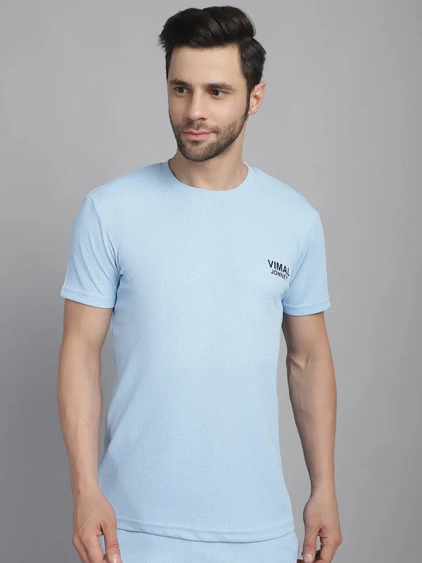 Men's Shirts with Rounded HemlinesMack Jonney Solid Blue Round Neck Polyester Lycra Half sleeves Tshirt For Men Men's Shirts with Rounded HemlinesMack Jonney Solid Blue Round Neck Polyester Lycra Half sleeves Tshirt For Men