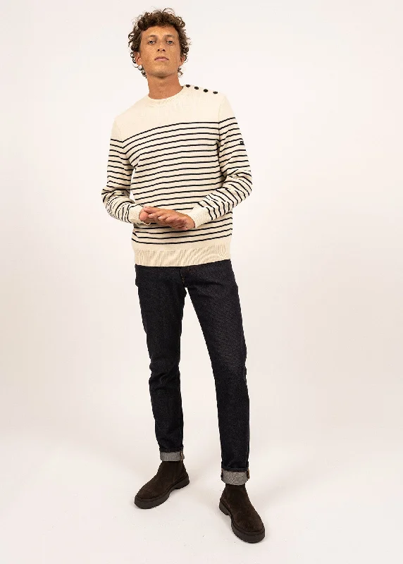 Men's Sweaters with Flat-Front DesignsBINIC - Authentic Striped Fisherman Sweater With Shoulder Buttons in Wool | Loose Fit (ECRU / NAVY) Men's Sweaters with Flat-Front DesignsBINIC - Authentic Striped Fisherman Sweater With Shoulder Buttons in Wool | Loose Fit (ECRU / NAVY)